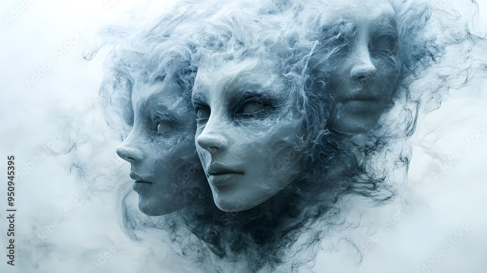 A swirling cloud of ghostly energy merging with Halloween masks, atmospheric and haunting, cinematic style, isolated on white background A swirling cloud of ghostly energy merging with Halloween masks, atmospheric and haunting, cinematic style, isolated on white background