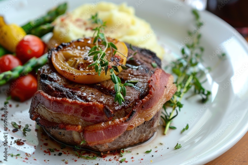 Bacon wrapped steak with veggies and mashed potatoes Bacon wrapped steak with veggies and mashed potatoes