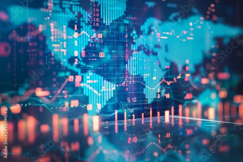 Digital globe with financial data and charts overlay, representing global finance, economic analysis, and the impact of technology on global trading and financial markets