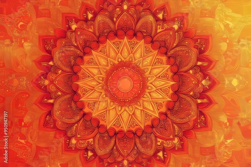 background with mandala patterns, bright red and orange shades 