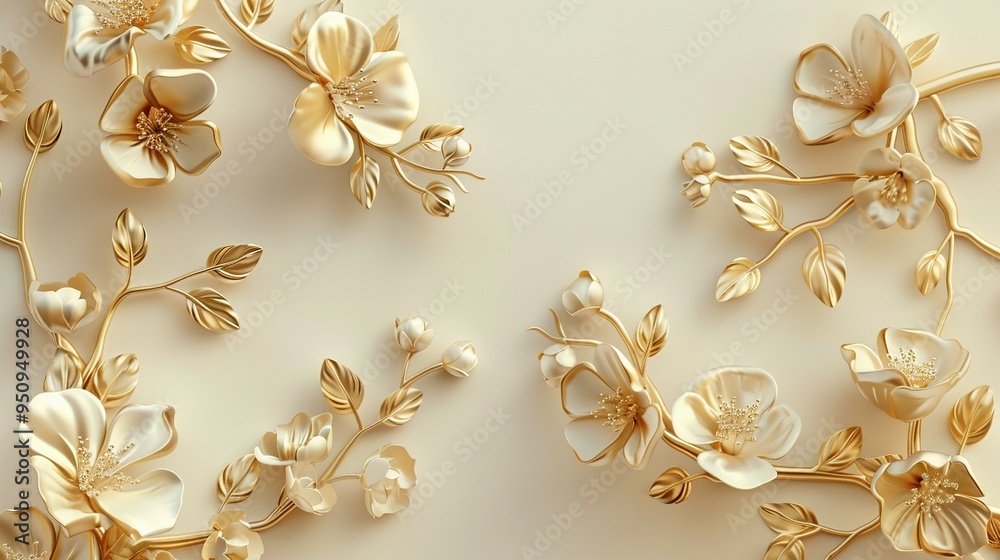 Golden Floral Branches with Buds and Leaves on a Beige Background Golden Floral Branches with Buds and Leaves on a Beige Background