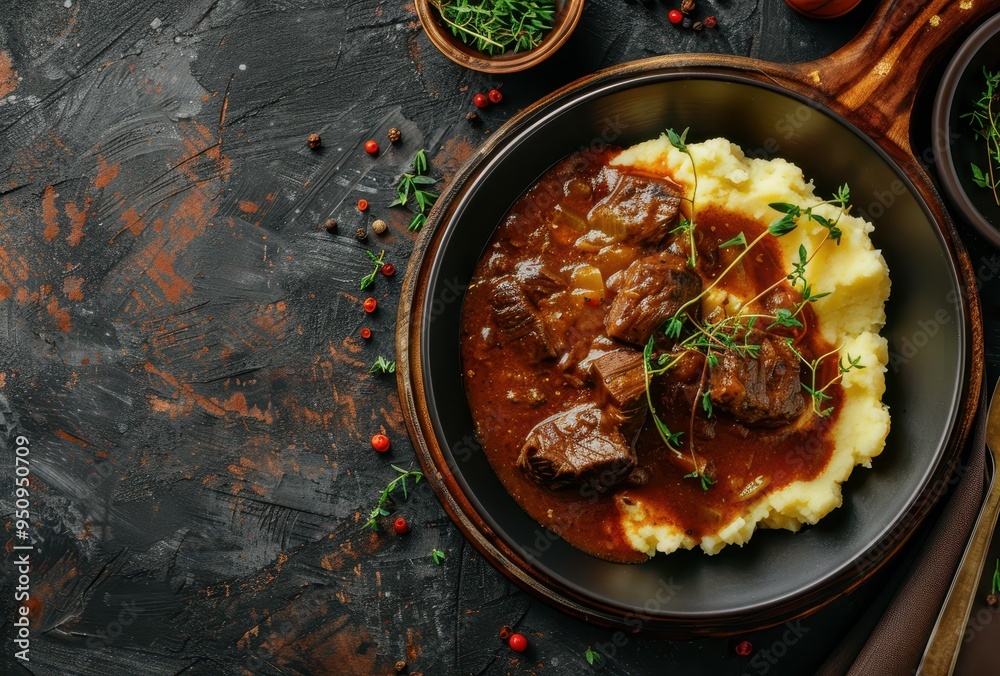 Beef stew and mashed potatoes on a dark background top view Homemade comfort food Beef stew and mashed potatoes on a dark background top view Homemade comfort food