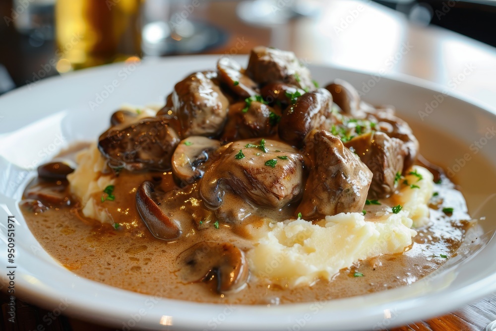 Beef with mushrooms and mashed potatoes Beef with mushrooms and mashed potatoes