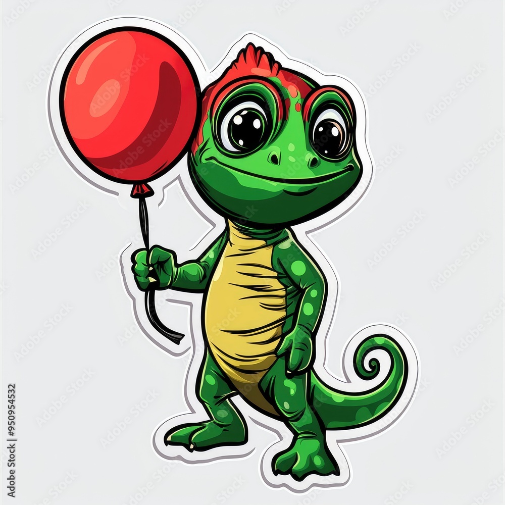 Obraz premium Cute Cartoon Green Lizard Holding a Red Balloon