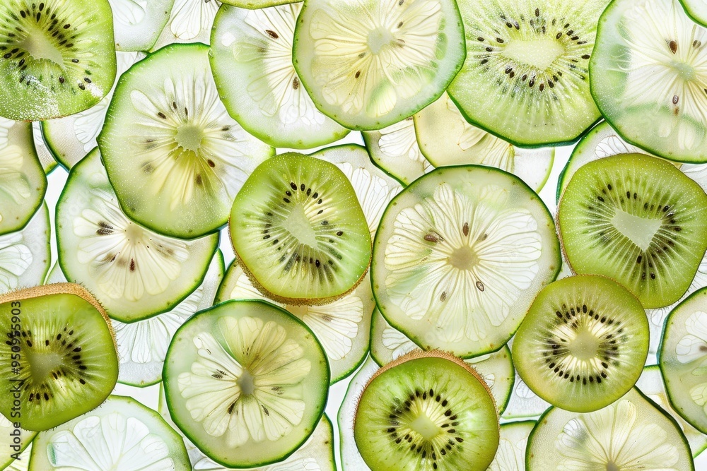 Bird s eye view of sliced kiwi as backdrop Bird s eye view of sliced kiwi as backdrop