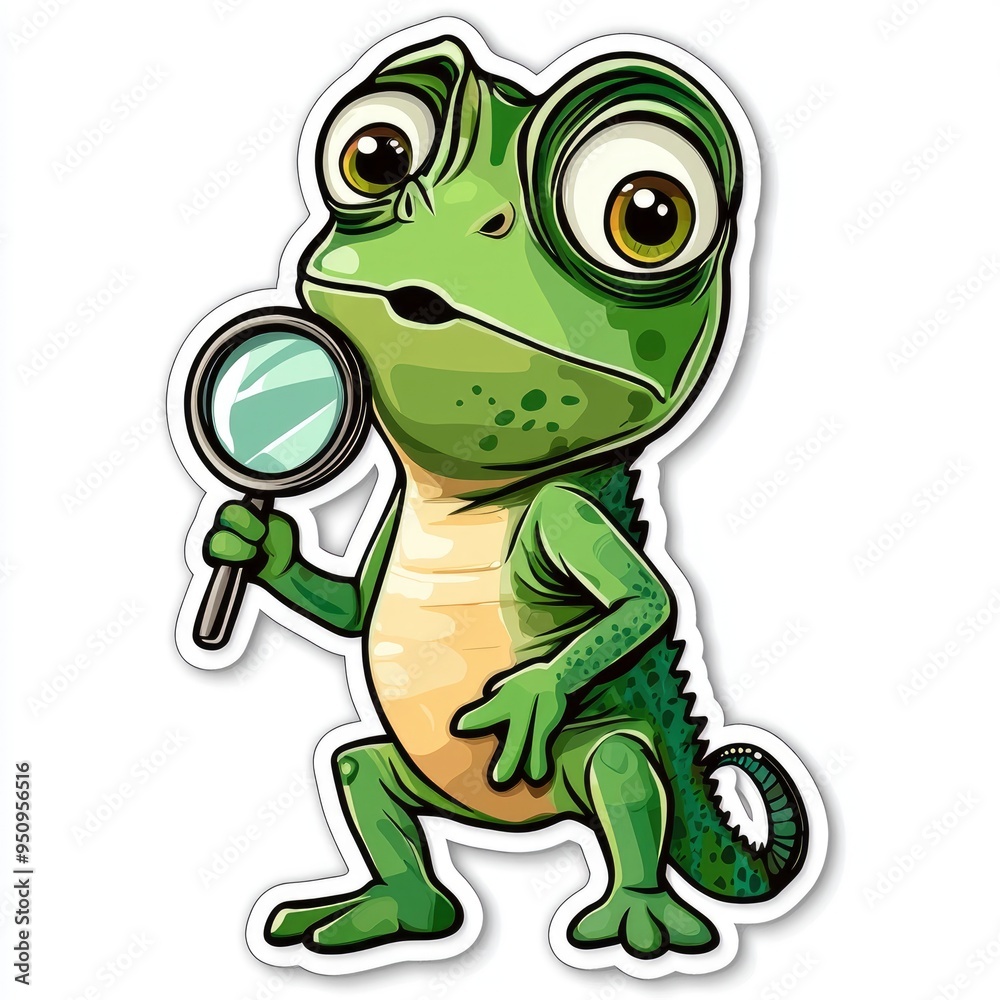 Obraz premium Cartoon Green Lizard Holding Magnifying Glass