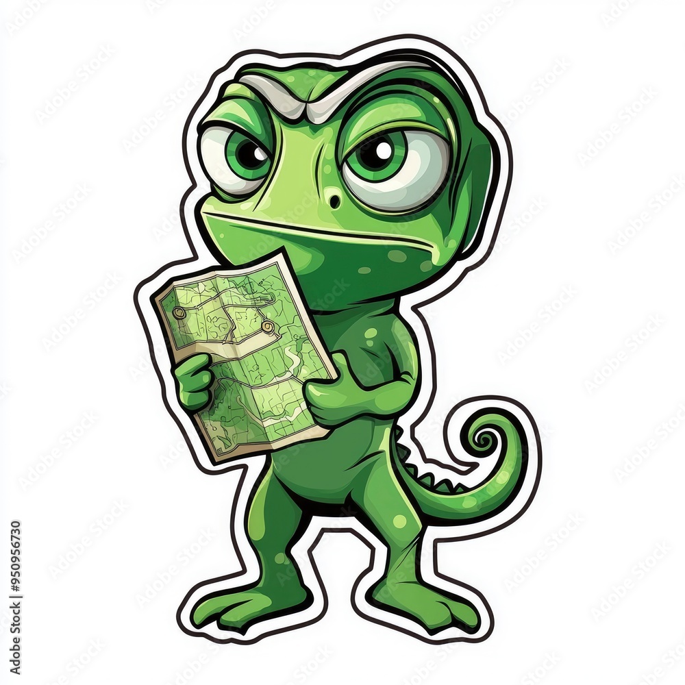 Obraz premium Cartoon Chameleon Holding a Map