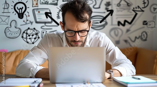 Serious businessman typing on laptop with arrows and icons doodle overlay, indicating multitasking with many side jobs. Business and multitasking concept photo