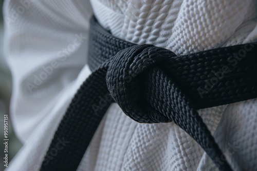 Black belt on white gi in martial arts photo