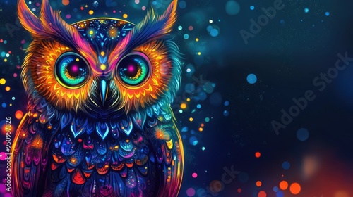 Dia de los Muertos inspired image showcasing a vibrant owl with ornate, colorful designs on a dark neon floral backdrop with plays for text