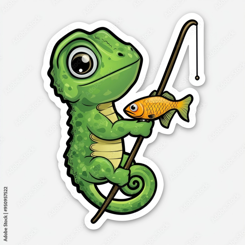 Obraz premium Cute Green Chameleon Holding a Fish on a Fishing Rod