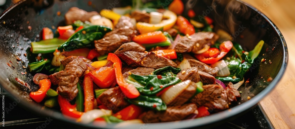 Beef Stir Fry With Healthy Vegetables Made With Flank Steak Peppers Onions And Bok Choy Stir Fried In An Asian Wok Beef Stir Fry With Healthy Vegetables Made With Flank Steak Peppers Onions And Bok Choy Stir Fried In An Asian Wok