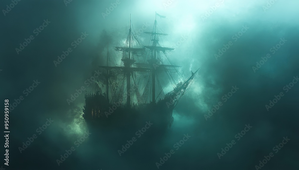 Mysterious Ghostly Ship in Misty Sea