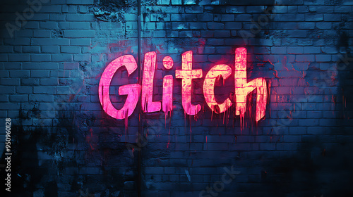 Glitch Text in neon colors on a brick wall. photo