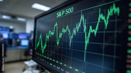 Close-up view of S and P 500 stock market chart displayed on screen in trading room. Financial market concept