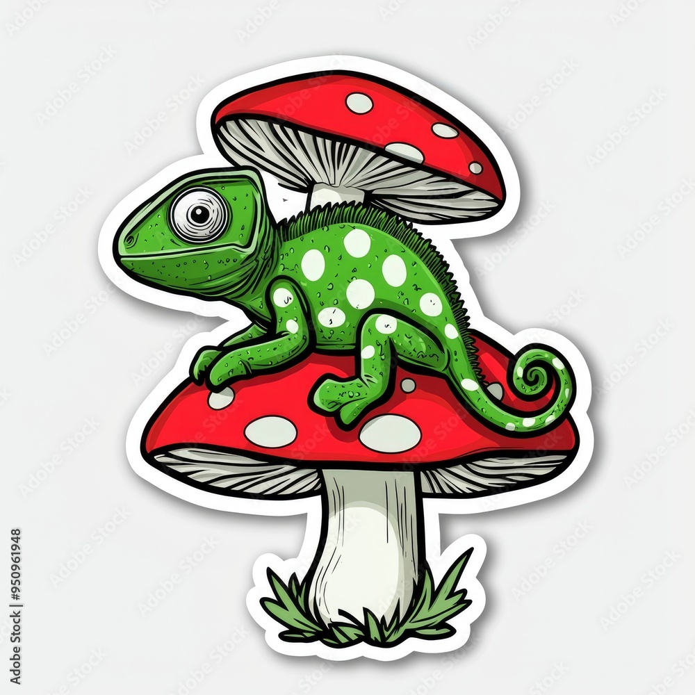 Obraz premium Cartoon Chameleon Sitting on a Mushroom
