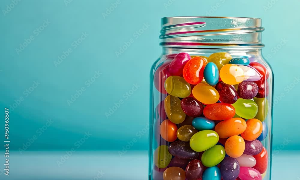 Colorful candies in a glass jar against blue