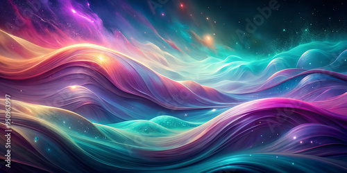 An abstract background with soft, dynamic waves of vibrant colors he waves appear to float like cosmic energy in infinite space, AI generated