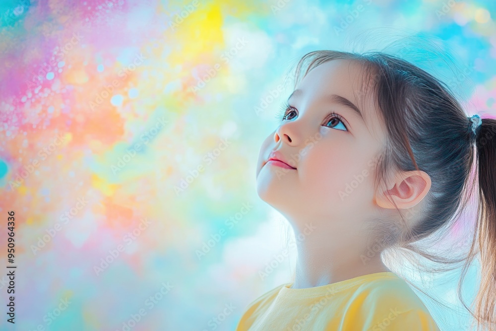 Fototapeta premium Young Girl Gazing Upwards Against a Colorful Background