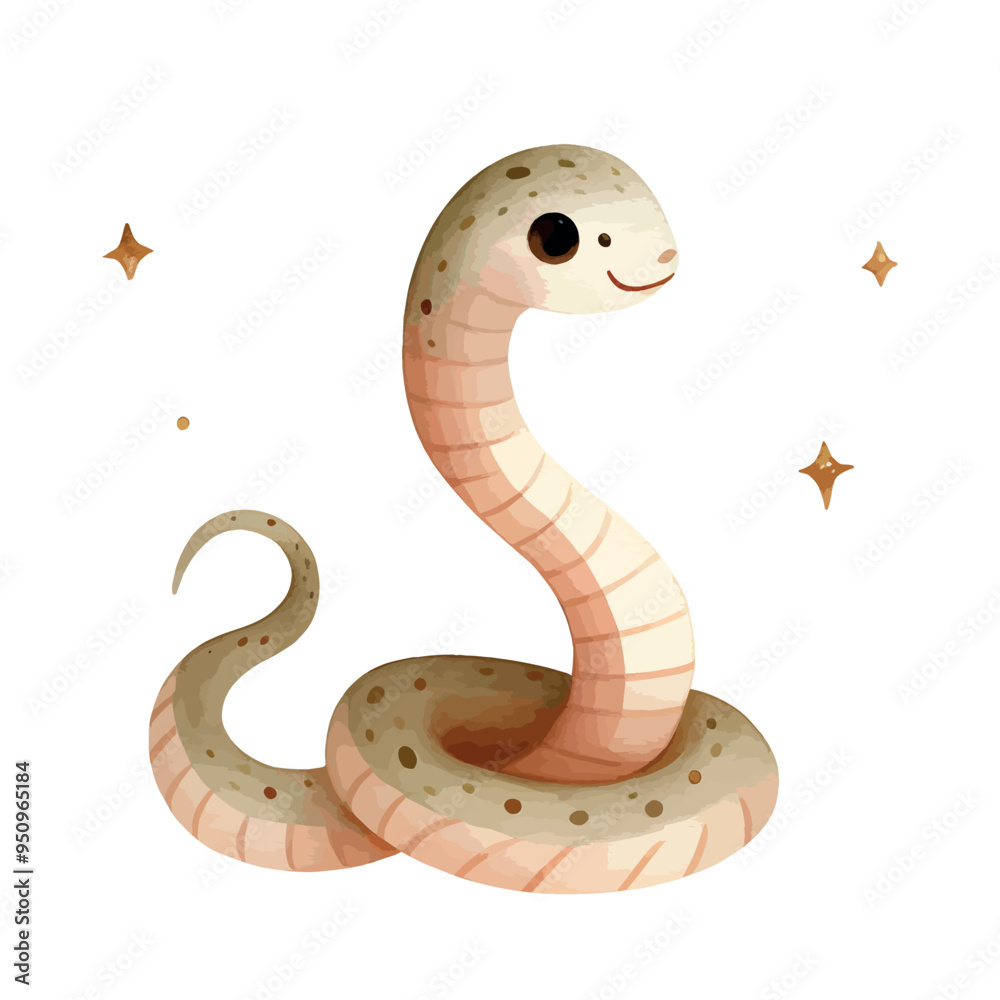 Naklejka premium Watercolor Wind Cartoon Green Snake. Watercolor cute illustration of a snake