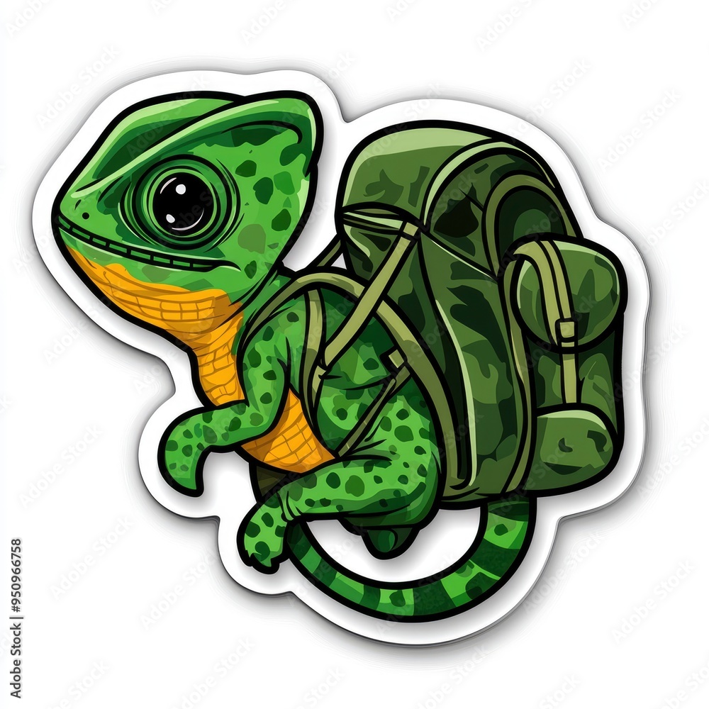 Obraz premium Cute Green Chameleon Hiking with Backpack