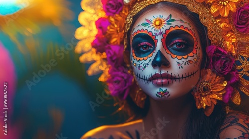 Colorful Dia de los Muertos face paint on woman with floral headpiece against a vibrant background with space for text