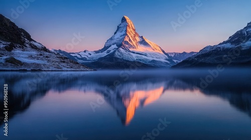 The serene reflection of the Matterhorn in the still waters of Lake Riffelsee, Switzerland, at dawn --ar 16:9 --personalize jaydbm9 --v 6.1 Job ID: 36c78e25-1158-4810-af63-858841fb804c photo