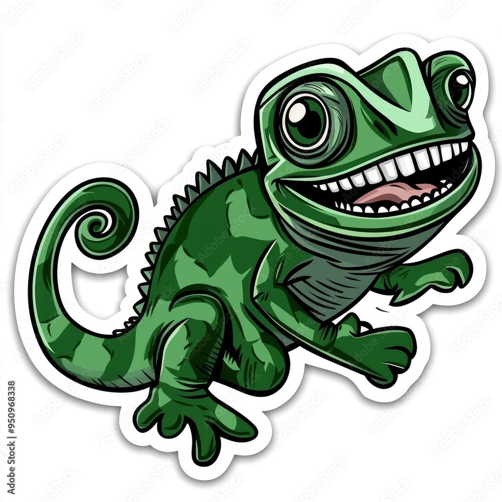 Fototapeta premium Cartoon Green Chameleon with Big Smile Sticker