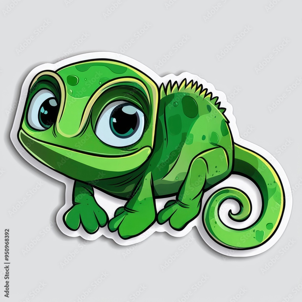 Fototapeta premium Cute Cartoon Green Chameleon with Big Eyes