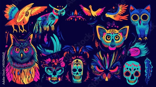 Wallpaper Mural A colorful Day of the Dead theme with stylized animals and skulls, decorated with bright floral patterns on a dark neon background. Torontodigital.ca