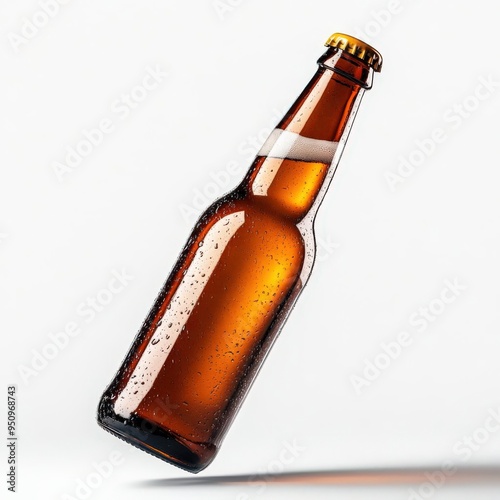 Photo of a brown glass beer bottle, floating in mid-air, isolated on a white background, no shadow