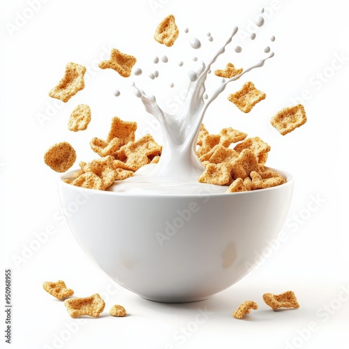 Create a 3D render style icon of a bowl of cereal with milk, with detailed cereal pieces and a splash of milk, isolated on a solid white background, ideal for breakfast-themed digi