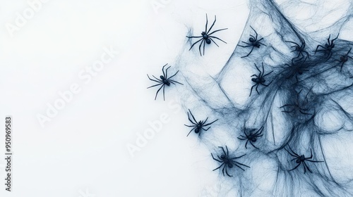 A floating spider web with tiny spiders crawling on it, no shadow, on an isolated white background photo