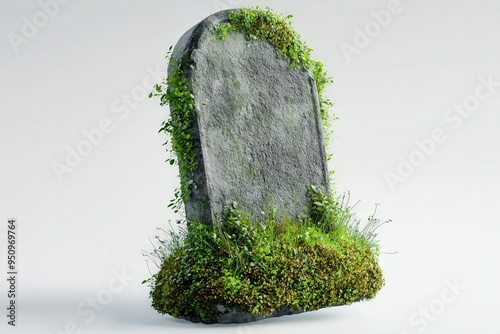 A floating spooky tombstone with overgrown moss, no shadow, on an isolated white background photo