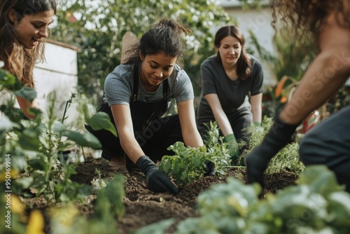 Neighbors come together for a community gardening event, planting vegetables in a vibrant neighborhood garden on a sunny day photo