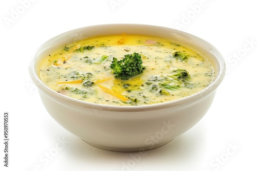 Broccoli cheddar soup in white bowl