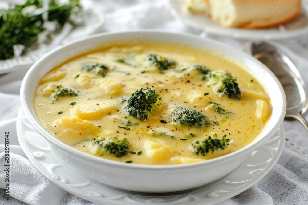 Broccoli cheese soup on white plate with cloth Broccoli cheese soup on white plate with cloth