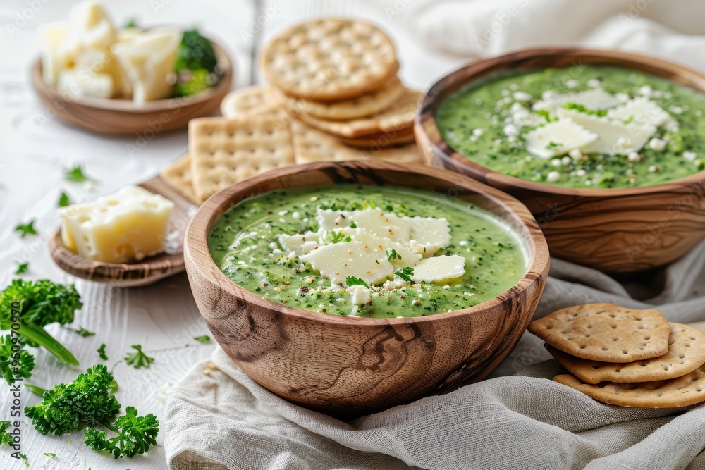 Broccoli cream soup with cheese and crackers in a wooden bowl on a white background Broccoli cream soup with cheese and crackers in a wooden bowl on a white background