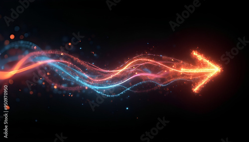 Dynamic Light Flow Flows of colorful light form an arrow pointing to the right against a black background. The luminous effect adds a sense of dynamism and swift motion Generative AI