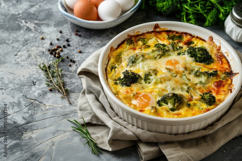 Broccoli egg and cheese casserole in baking dish on concrete with space for text Broccoli egg and cheese casserole in baking dish on concrete with space for text