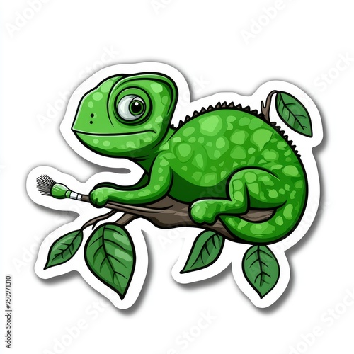 Cartoon Green Chameleon on Branch with Paintbrush Sticker