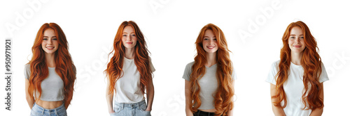 Set of redhead girls with long wavy hair and freckles, isolated on transparency background 