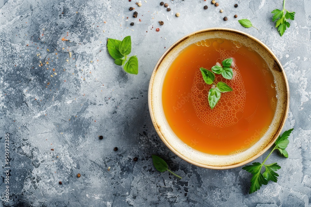 Broth in bowl with copy space top view on gray background nutritious option Broth in bowl with copy space top view on gray background nutritious option
