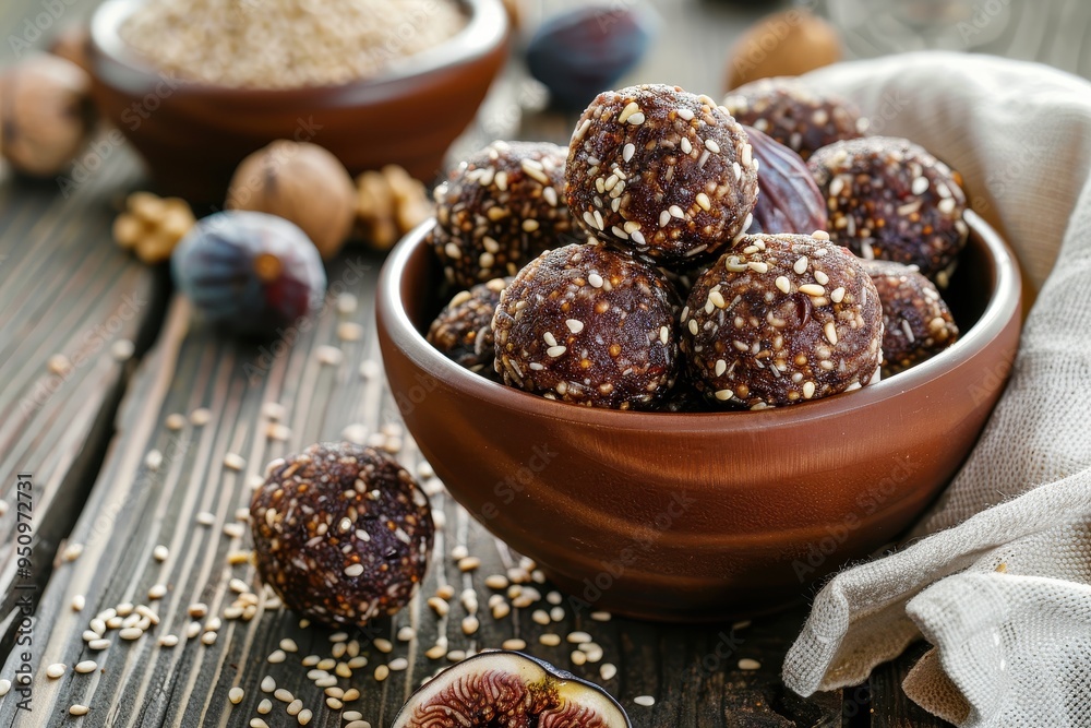 Brown bowl with energy balls white towel fruits nuts flour honey sesame on wooden background Brown bowl with energy balls white towel fruits nuts flour honey sesame on wooden background