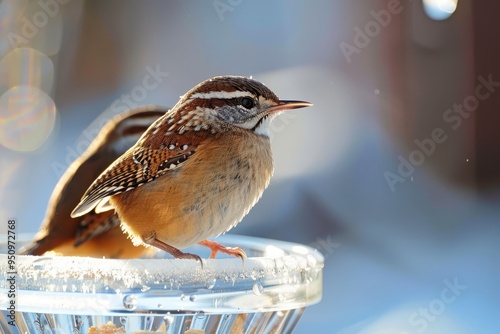 Brown Carolina wren perched on plastic feeder in Virginia winter photo