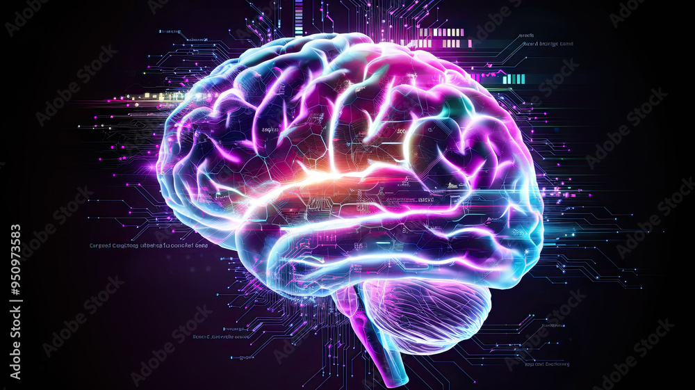 Vibrant intricate human brain interconnected with complex neural network against dark background, highlighting advanced cognitive processes, neural pathways, and cutting-edge neurological concepts Vibrant intricate human brain interconnected with complex neural network against dark background, highlighting advanced cognitive processes, neural pathways, and cutting-edge neurological concepts