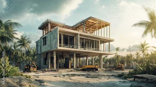 Modern Luxury Home Under Construction on a Tropical Island