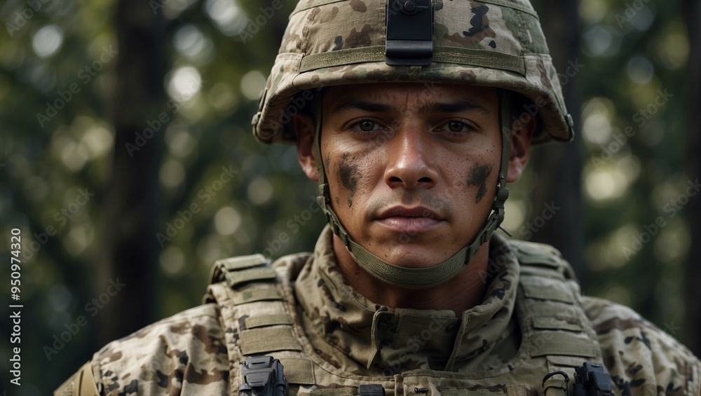 Serious soldier in camouflage uniform surrounded by forest background Serious soldier in camouflage uniform surrounded by forest background