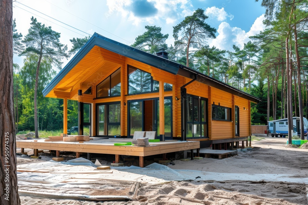 Obraz premium Building a contemporary vacation cabin for camping