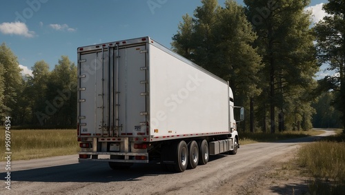 White truck on a rural road surrounded by trees on a sunny day